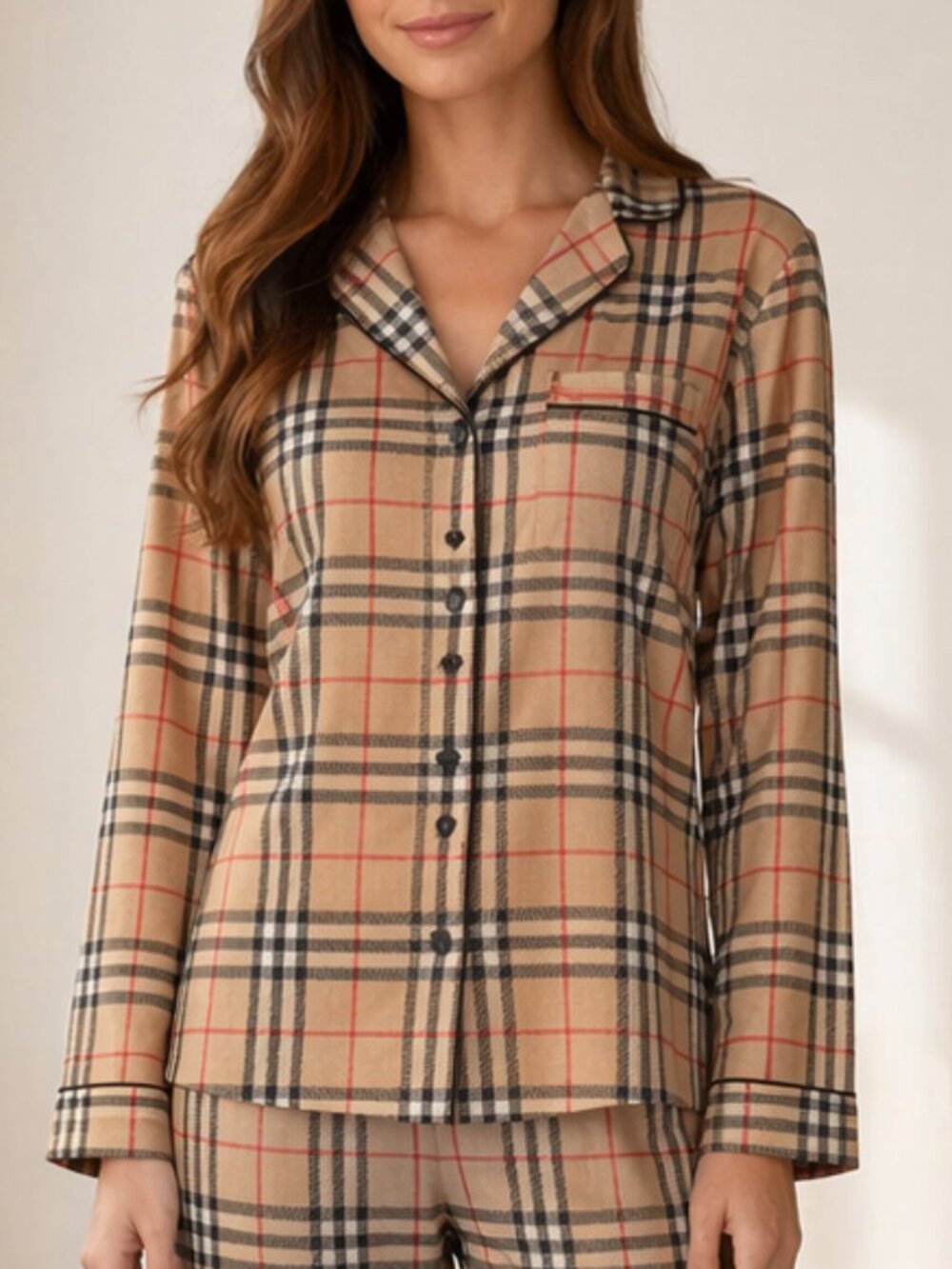 Women’s Plaid Satin Pajama Set Soft Silky Sleepwear Button Up PJs Cozy Matching